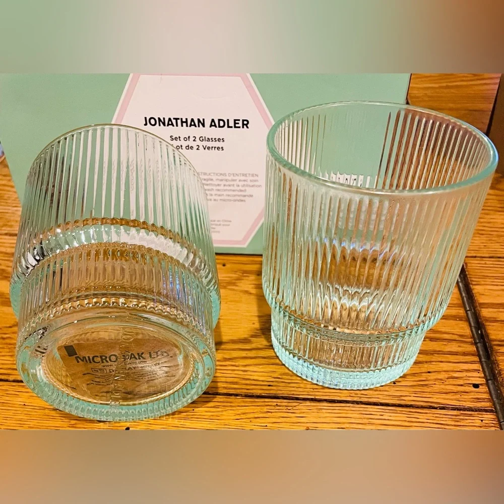 New Jonathan Adler BIBA set of 2 green ribbed glasses, 13 ounce glasses